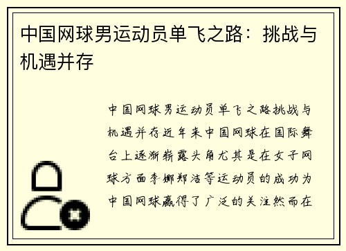 中国网球男运动员单飞之路：挑战与机遇并存